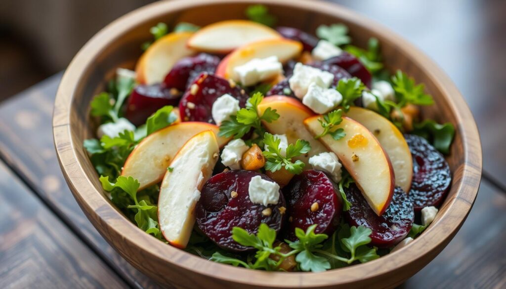 A vibrant salad featuring roasted beets, crisp apple slices, and creamy goat cheese, garnished with mixed greens and a light vinaigrette dressing, artfully arranged in a rustic wooden bowl, with a soft, natural light illuminating the colors.