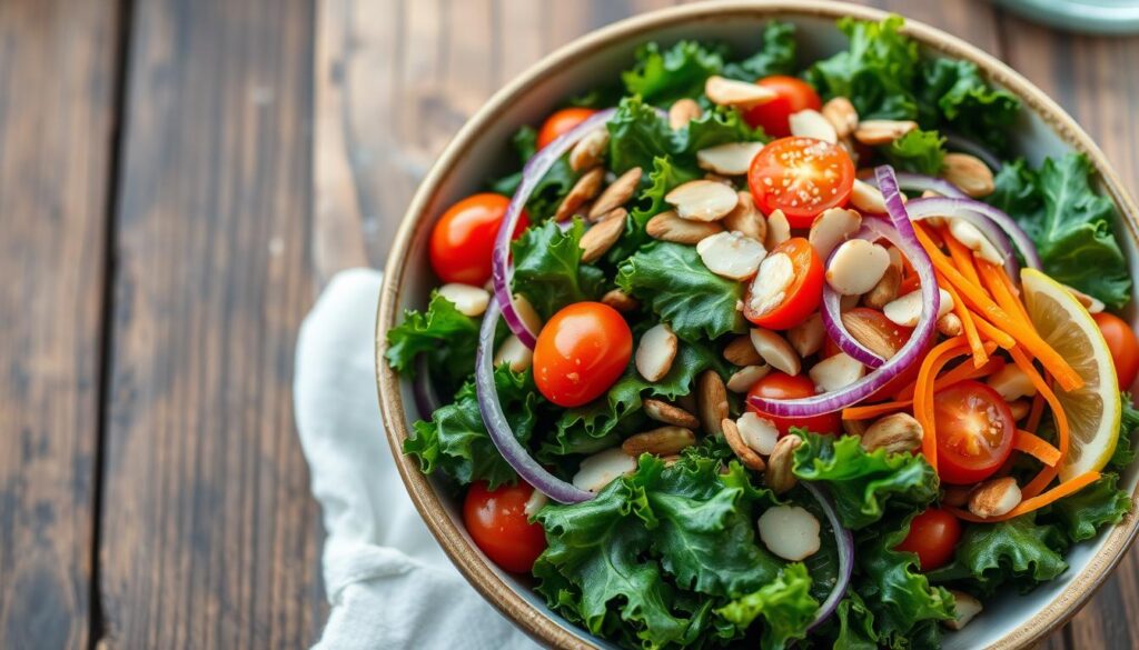 A vibrant bowl of kale salad, featuring freshly chopped dark green kale leaves, colorful cherry tomatoes, thinly sliced red onions, shredded carrots, and crunchy almonds, drizzled with a tangy lemon vinaigrette, placed on a rustic wooden table with a soft, natural light illuminating the scene.