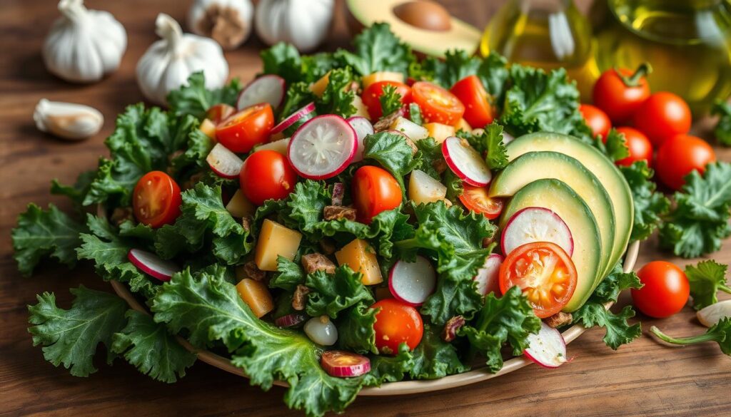 A vibrant kale salad with rich green, textured kale leaves, mixed with colorful cherry tomatoes, sliced radishes, and avocado, drizzled with a light lemon vinaigrette, set on a rustic wooden table, surrounded by fresh ingredients like garlic and olive oil, illuminated by soft natural light.