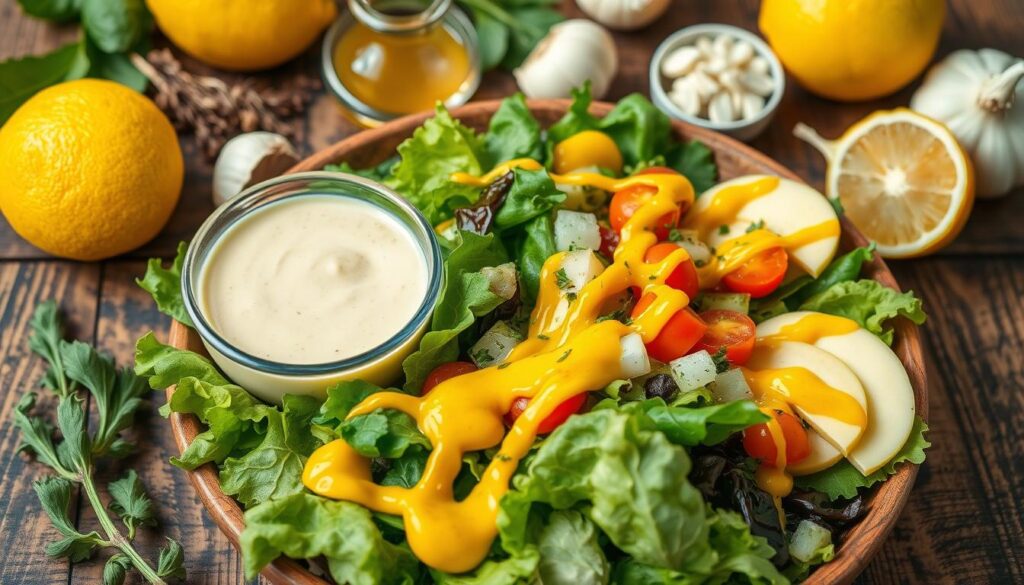 A vibrant assortment of healthy dressings, including a creamy lemon tahini dressing in a small bowl, surrounded by fresh ingredients like lemons, tahini, garlic, and herbs; a colorful array of drizzles over a mixed green salad, bright visual contrast with various textures and colors of vegetables, all set on a rustic wooden table.