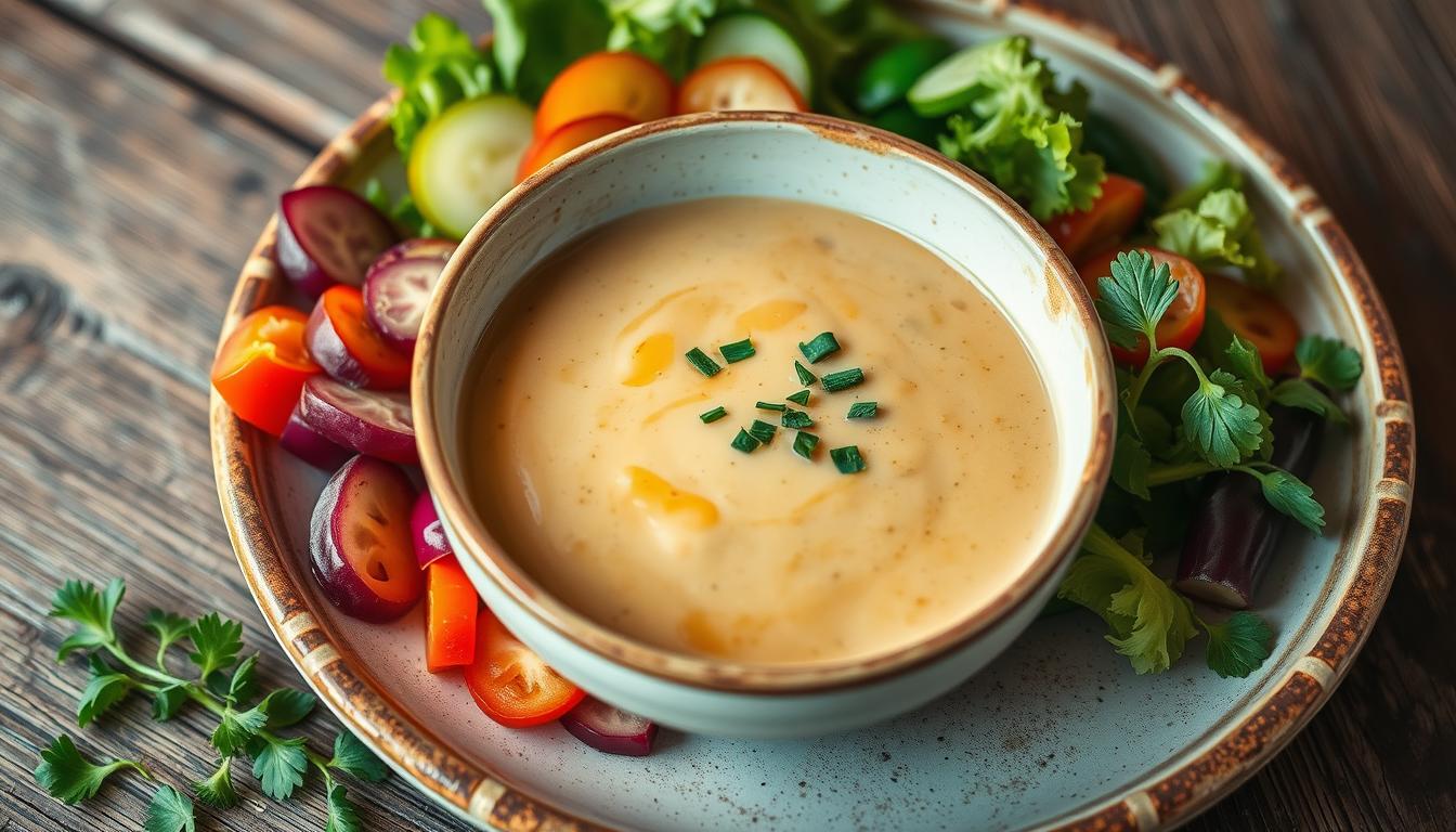 A vibrant bowl of creamy ginger miso dressing, garnished with fresh green herbs, surrounded by sliced vegetables and drizzled over a colorful salad, placed on a rustic wooden table, soft natural lighting highlighting the textures and colors.