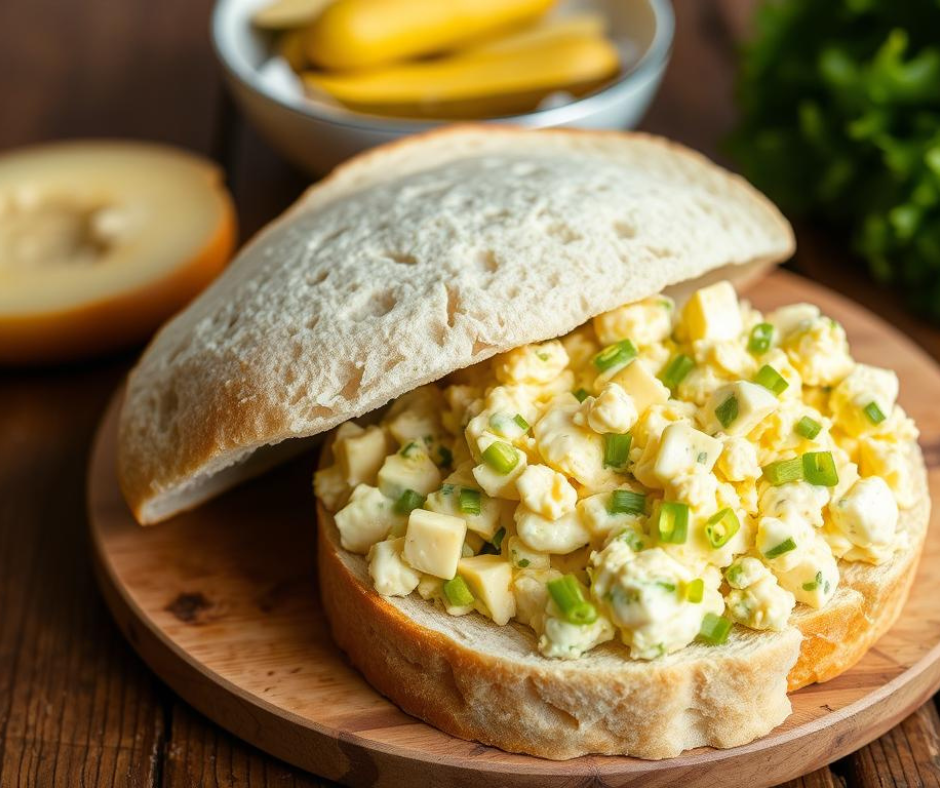 A classic egg salad sandwich on a rustic wooden table