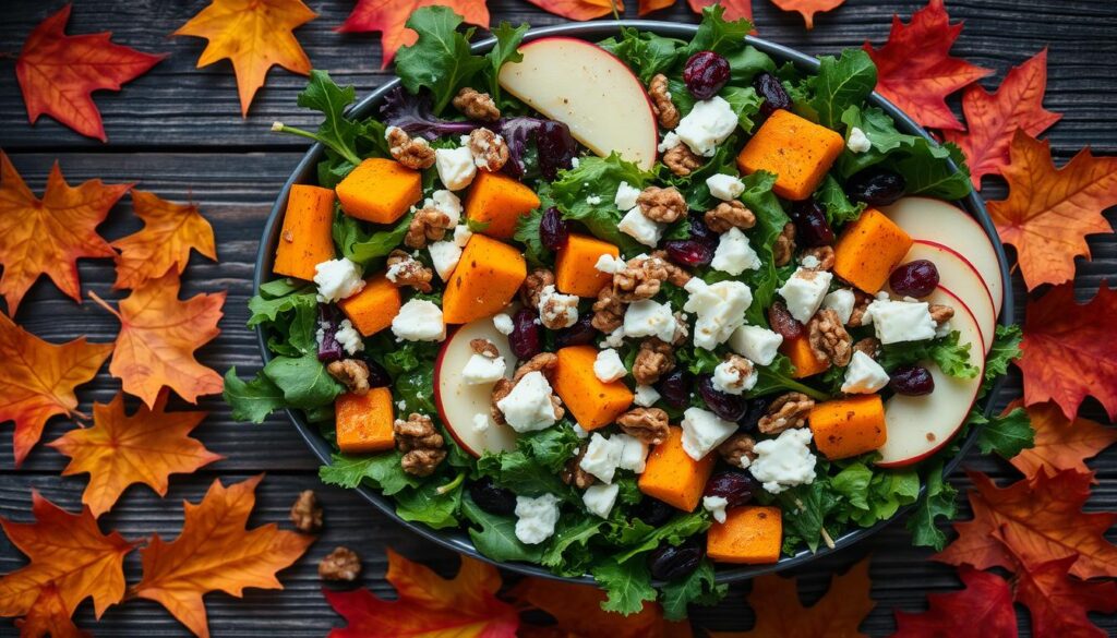 A vibrant autumn salad filled with seasonal ingredients, featuring crisp mixed greens, sliced roasted butternut squash, plump cranberries, walnuts, thinly sliced apples