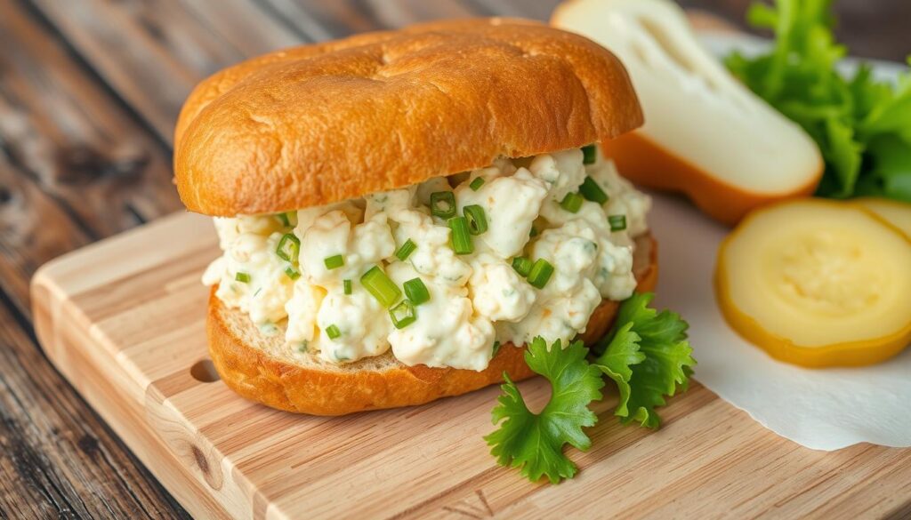 A classic egg salad sandwich on a rustic wooden table