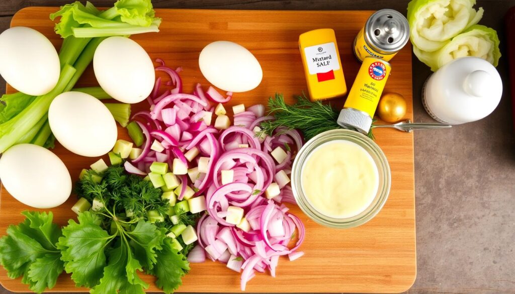 A vibrant arrangement of egg salad ingredients on a wooden cutting board