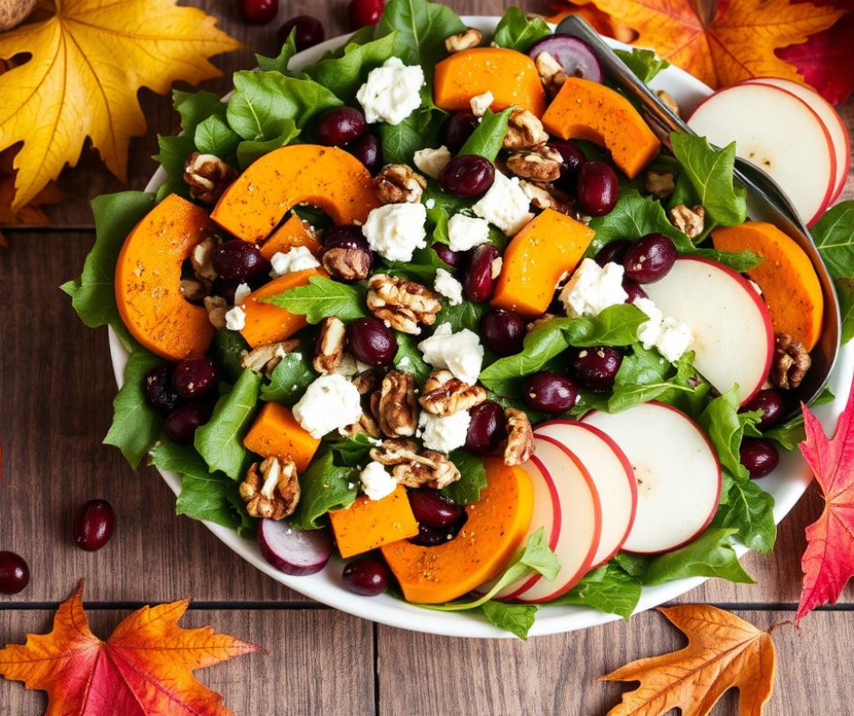 A vibrant autumn salad filled with seasonal ingredients, featuring crisp mixed greens, sliced roasted butternut squash, plump cranberries, walnuts, thinly sliced apples