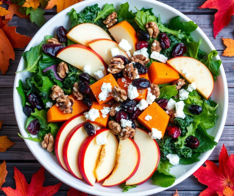 A vibrant autumn salad filled with seasonal ingredients, featuring crisp mixed greens, sliced roasted butternut squash, plump cranberries, walnuts, thinly sliced apples