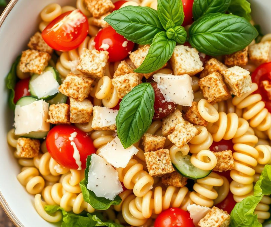 A vibrant vegetarian Caesar pasta salad