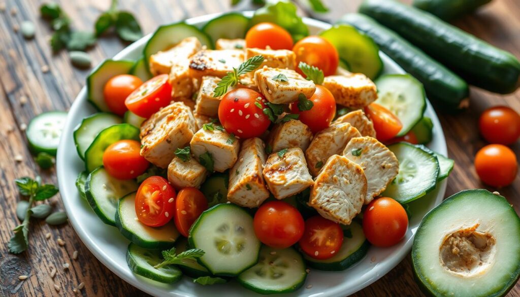 Chicken, cucumber ribbons, sesame seeds, scallions,rice vinegar sesame dressing